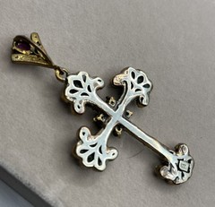 Antique Simulated Green Emerald Cross Pendant Sterling Silver & Gold 14g