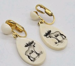 Moose Faux Scrimshaw Earrings Cream Drop Dangle Clip on Gold Tone 1.5 in