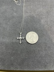 14KW Gold Small Cross, W/Round & tapered Baguette Mine Diamonds 18″ Rope Chain