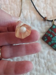 Lot Of 3 Vintage Necklaces Lucite Mica inside Bakelite? Pearl Metal paint mosiac