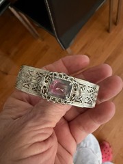 Psco vintage rhodium plated deco Edwardian open back pink Czech stone cut /open