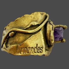 Vtg Brazilian Ernandes Brutalist Brass Ring w/ Raw Amethyst Adjustable 8 – 11