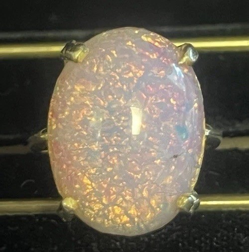 Vintage Faux Fire Opal Ring Gold Tone Adjustable Retro Mid Century Art Glass