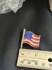 Vintage Patriotic American Flag Rhinestone Brooch Pin Red White Blue Waving USA