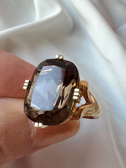 14K YELLOW GOLD LARGE SMOKY QUARTZ RING BEAUTIFUL RICH CHOCOLATE BROWN COLOR