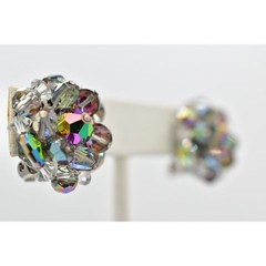 Laguna Vintage Clip On Crystal Earrings Gray Chrome AB Cluster Signed 1950s 9C