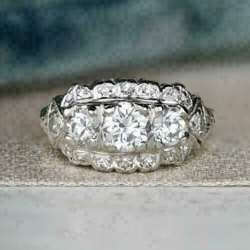 Geometric Late Art Deco Wedding Ring 14K White Gold Over 2 Ct Simulated Diamond