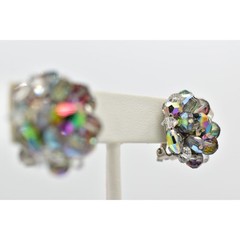 Laguna Vintage Clip On Crystal Earrings Gray Chrome AB Cluster Signed 1950s 9C