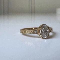 Vintage 2CT Oval Lab Created Diamond Ring Engraved Art Deco 14K Yellow Gold Over