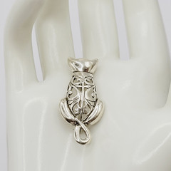 Cat Kitty Kitten Open Filigree Sterling Silver 925 Jezlaine Vintage Brooch Pin