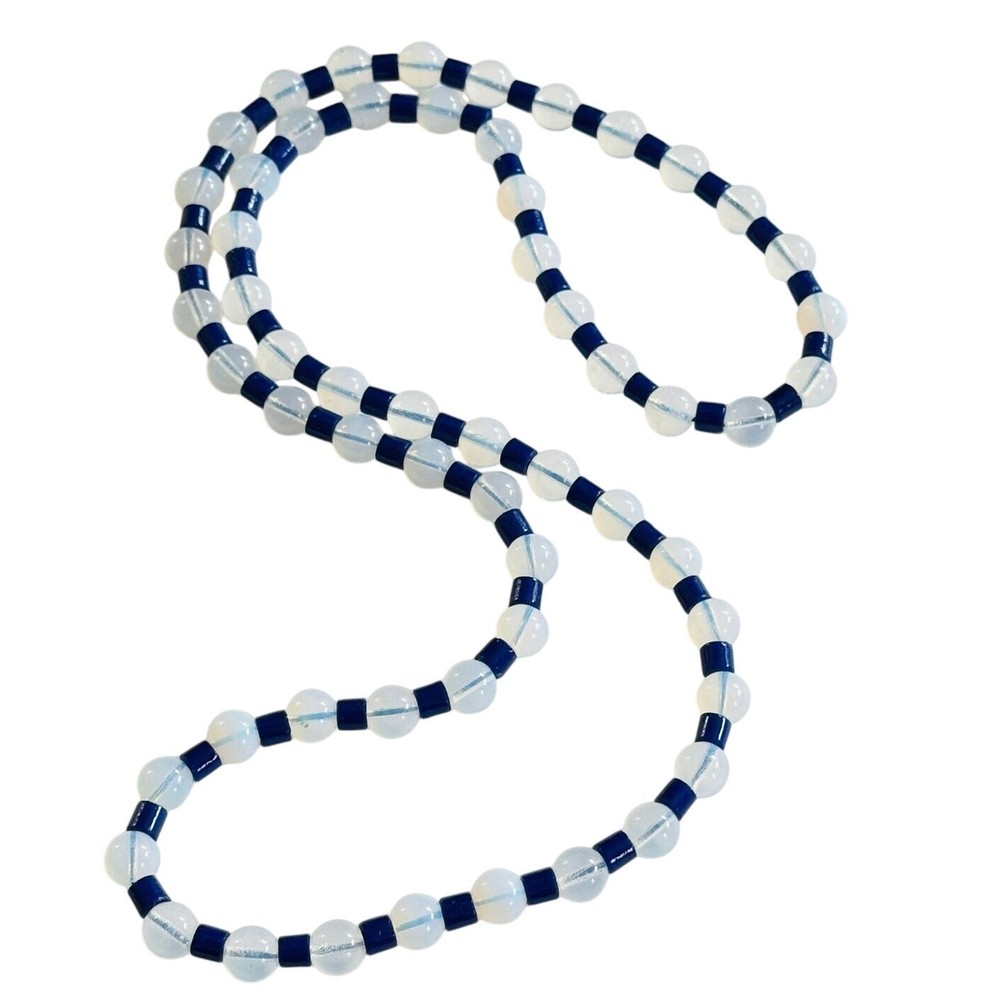 VTG Opalescent Necklace Opalite Art Glass cobalt blue beaded Beads Collar 32″L
