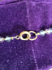 Vintage Cottagecore Sea Green Glass, Brass and Pink Porcelain Rose Bead Necklace