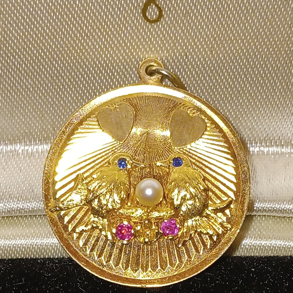 14k Vintage 1960s Gold Tone Round Love Birds Pendant, Engraved, Pearl, 2-14-66