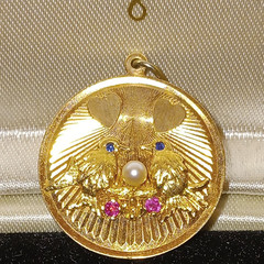 14k Vintage 1960s Gold Tone Round Love Birds Pendant, Engraved, Pearl, 2-14-66