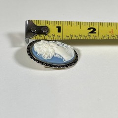 Vintage 1970s Blue White Resin Cameo Brooch Pin Silver Tone Oval Portrait