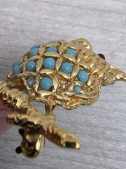 VTG Ciner Owl Brooch Goldtone Metal Faux Turquoise Bead Pin **See Description**