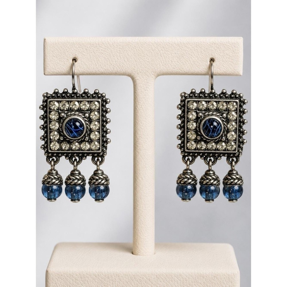 Ben-Amun Blue Glass Cabochon Rhinestone Dangle Earrings Antique Silver Tone 2″