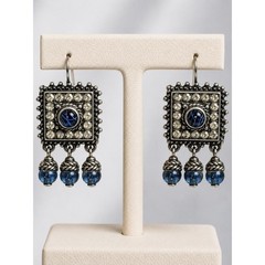 Ben-Amun Blue Glass Cabochon Rhinestone Dangle Earrings Antique Silver Tone 2″