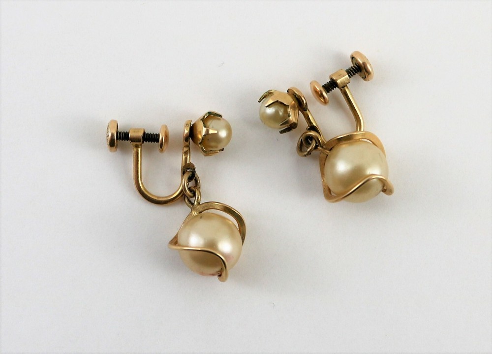 Vtg H.G. Henry Griffith 12K Gold Filled Drop Dangle Caged Pearl Earrings