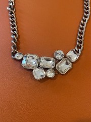 Vintage VCLM Silver Tone Metal Necklace w/ Clear Crystals / Glass