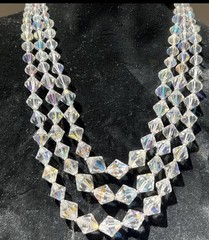 VTG 1950s 3-Strand Rainbow Aurora Borealis Necklace Heavy 96g 17″-19″ Adjustable