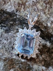 VINTAGE SKY BLUE TOPAZ EMERALD CUT STERLING SILVER 925 PENDANT W/ CZ ACCENTS