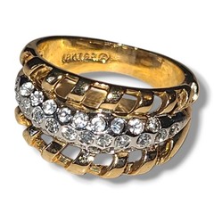 Vintage 18K HGE CZ Rhinestone Cocktail Ring Size 6 Gold Tone Wide Band Estate