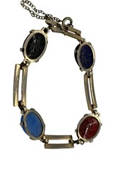 Vintage Egyptian Revival Carved Glass Scarab Bracelet Safety Chain READ