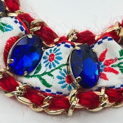 VTG Boho Red Woven Chain Collar Necklace Blue Rhinestone Floral Ribbon Statement