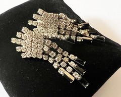 1950s Vintage Crystal & Jet Black Rhinestones Necklace & Dangling Clip Earrings