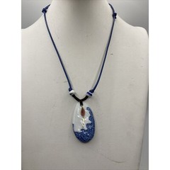 Blue White Porcelain Pendant 20″ Cord Adjustable Necklace Hand Painted