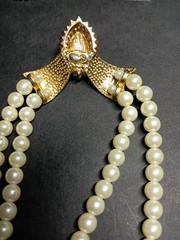 Vintage 2 Strand Faux Pearl Choker Necklace Art Deco Gold Crystal Rhinestone Bow