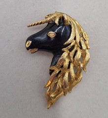 Vintage Enameled Designer Quality Black Unicorn Brooch Fantasy Core 2 Inch Chic