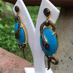 Stunning 2.90ctw Rose Cut Diamond Turquoise Silver Vintage Snake Earring Jewelry