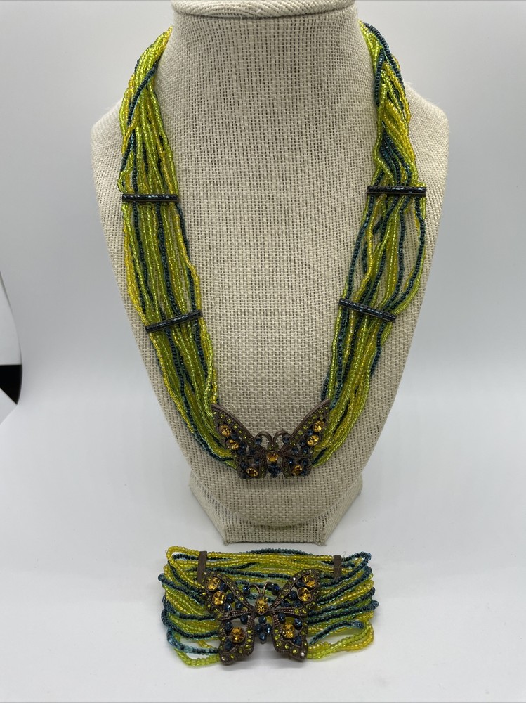 Vintage JJJ Rhinestone Butterfly Necklace And Matching Stretchy Bracelet