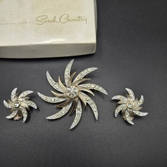 Sarah Coventry Gold/Silver Tone Rhinestone Floral Brooch & Clip-On Earrings Set