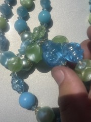 Vintage Multi-Strand Blue Green Glass Beaded Statement Necklace Round Beads Hook