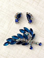 Vintage Blue AB Rhinestone Brooch and Earring Set