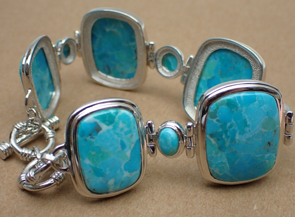 JTV Turquoise Link Bracelet Cushion Oval & Round Stones Sterling Silver 8-1/2″