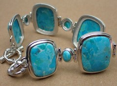 JTV Turquoise Link Bracelet Cushion Oval & Round Stones Sterling Silver 8-1/2″