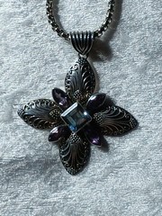 Vintage Gemala Blue Topaz and Amethest 925 Sterling Silver Pendant And Chain
