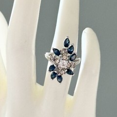 Vintage Blue & Clear Crystal White Gold Plated Statement Cluster Ring Size 6