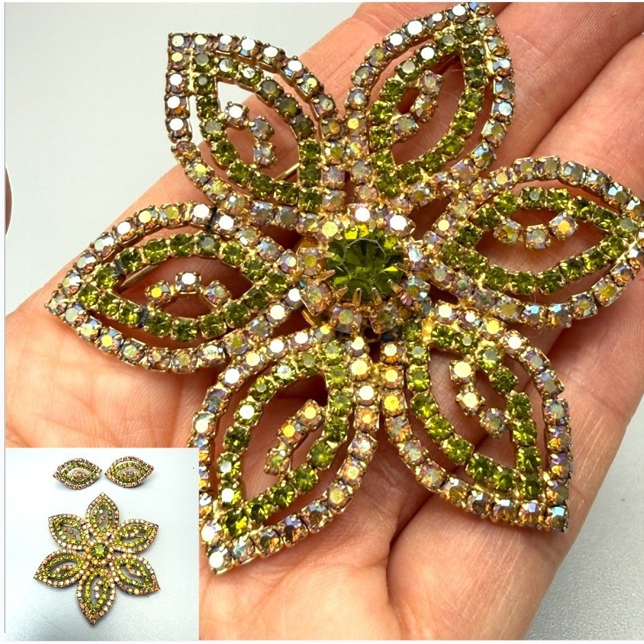 Large Vintage AB Rhinestone Flower Brooch Earrings Set 3″ Pink Green MCM Chic