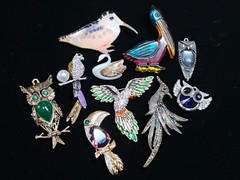 Vtg Costume Jewelry Birds Owls Swan Pendant and Pin Brooch Lot