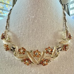 Vintage 1950s–1960s Amber & Citrine Rhinestone Floral Necklace Mid-Century