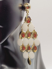 White & Gold Tone Metal Chandelier Cascade Dangle Vintage Earrings Ballroom