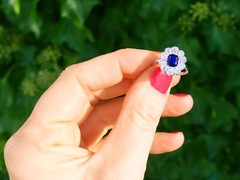 Antique 1.07 Ct Sapphire and 1.54 Ct Diamond Platinum Cluster Ring Circa 1920
