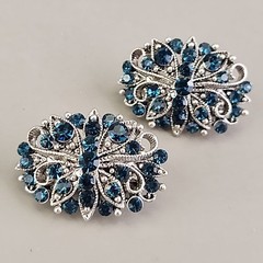 Vintage Rhinestone Clip On Earrings Blue Glass Oval Flower Silver Tone 1″