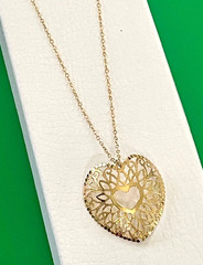 Domed Filigree Heart Necklace Gold Over Sterling Delicate Cable Chain Vtg B595