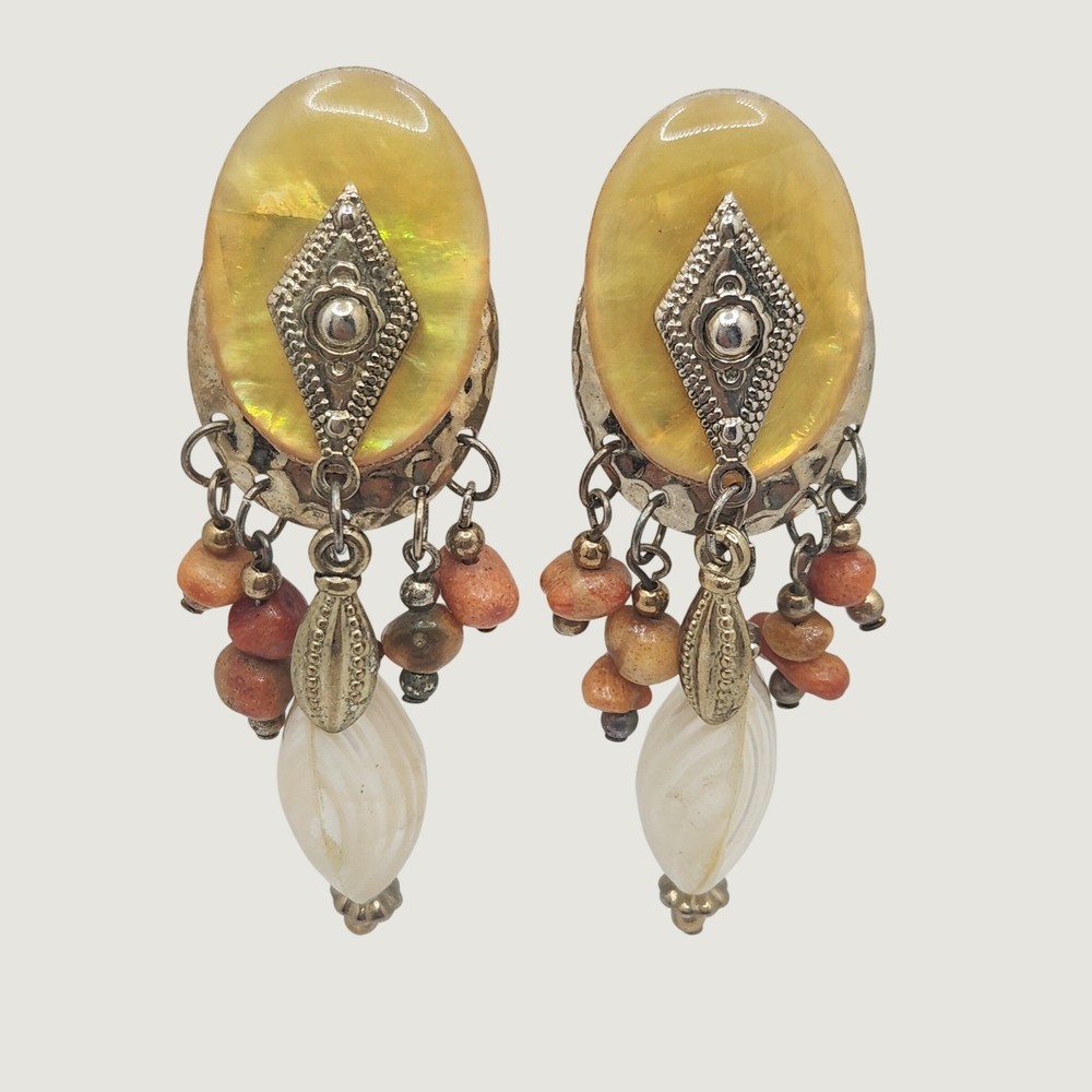 Vintage Boho Mother of Pearl Stone Beaded Dangle Clip On Earrings Yellow Tribal